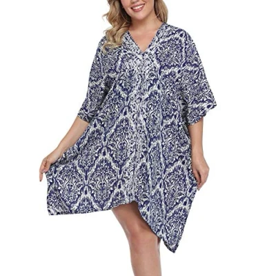 Image of HDE Womens UPF 30+ Short Kaftan Cover Up Oversize Plus Size Swimsuit Shirt Dress, Navy Damask, One