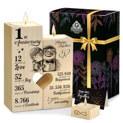 Image of CROWNLY CRYSTAL® 1st Wedding Anniversary Personalised Gifts for Couples Candle Holders Boyfriends His and Hers Husband Him Her Presents Girlfriend