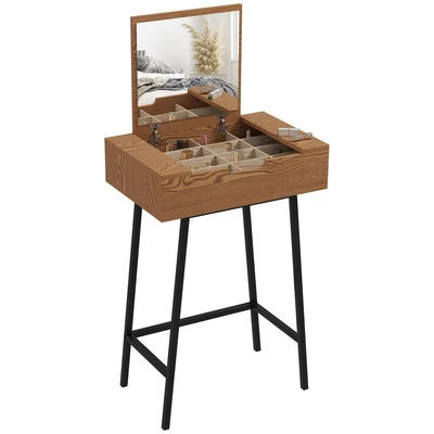 Image of HOMCOM Industrial Vanity Desk with Mirror and Steel Legs Natural Wood Effect