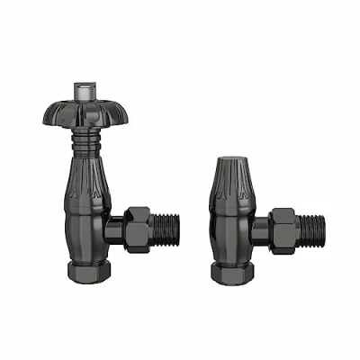 Image of NRG Traditional Antique Angled Central Heating Radiator Valve 15mm Thermostatic Lockshield Valves Black Nickel
