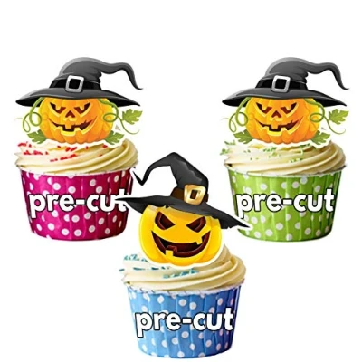 Image of AK Giftshop PRE CUT Halloween Witches Hat Pumpkins Edible Cupcake Toppers/Cake Decorations (Pack of 12)