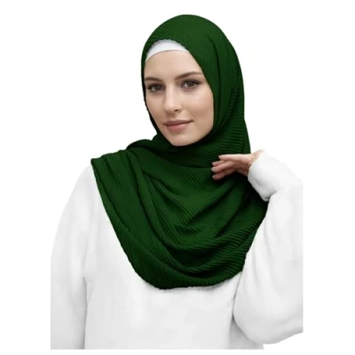 Image of Lina &amp; Lily Premium Cotton Pleated Hijab for Muslim Women, Maxi Head Scarf Shawl Wrap Lightweight (Dark Green)