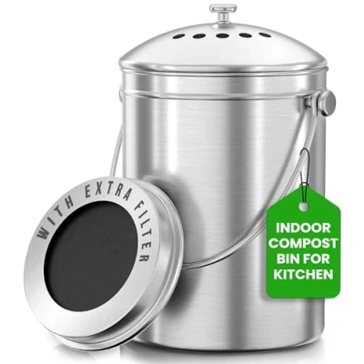 Image of Premium Quality Stainless Steel Compost Bin 1.3 Gallon, Includes Charcoal Filter Utopia Kitchen