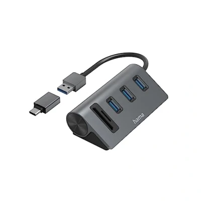 Image of Hama USB Hub and Card Reader 5 Ports (3 x A, 1 SD, MicroSD with C Adapter, up to Gbps, Connection for Mouse, Keyboard, Memory etc., Adapter Office, Home Office) Aluminium