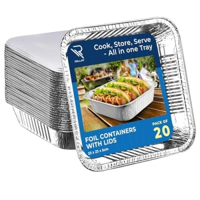 Image of Rollay 20 Pack Aluminium Foil Trays with Paper Lids, 9x9 Inch Food Containers Lids Oven &amp; Freezer Safe Takeaway, Baking, and Storage Square