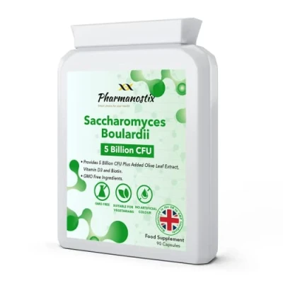 Image of Saccharomyces Boulardii Supplement 90 Capsules, High Strength, 5 Billion cfu Organisms, No Refrigeration Required, Non Colonising Yeast with Added Olive Leaf, Biotin and Vitamin D, UK Manufactured