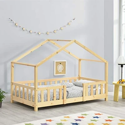 Image of [en.casa] Children&#039;s bed Treviolo house 70 x 140 cm wooden for children with fall out protection frame slatted pine wood colours