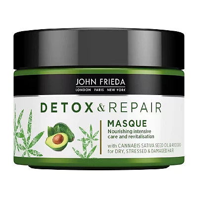 Image of John Frieda Detox &amp; Repair Masque 250 ml, Intensive Deep Conditioner for Dry, Stressed and Damaged Hair, Nourishing Hair Mask with Cannabis Sativa Seed Oil Avocado