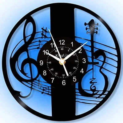 Image of Smotly Vinyl wall clock, music guitar pattern clock with 7 color night light function, gift for cycling lovers.