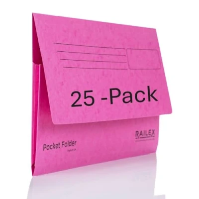 Image of Railex Pocket Folder Foolscap Document Wallets Cerise Folders for Paperwork A4 and A4+, Recycled Board File Wallet, Premium Filing Office Home Pack of 25