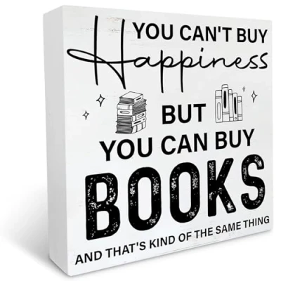 Image of KOPUTE Farmhouse You Can&#039;t Buy Happiness But Can Books Wooden Box Sign Book Lover Wood Block Tabletop Decorative Desk Home Bookshelf Shelf Decor 7 x Inches