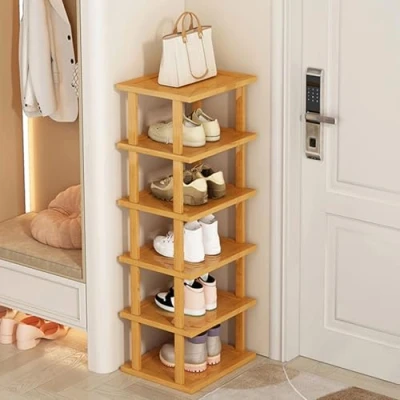 Image of 6 Tiers Bamboo Vertical Shoe Rack, Adjustable prefabricated Storage Shelf Stand, Free Standing Tower for Entryway,No Tool Assembly Hallway Rack Yellow (6 Tiers)