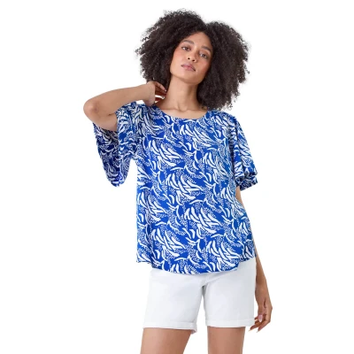 Image of Roman Womens Abstract Print Flared Sleeve Top Blue Size 20 UK