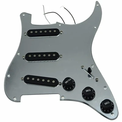 Image of KAISH Loaded American ST/Strat Style SSS Pickguard Prewired Pick Guard With Ceramic Pickups for Stratocaster/Strat Silver Mirror Black Covers and Knobs