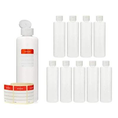 Image of Octopus 10x 250 ml plastic bottles, HDPE bottles with white flip top cap, empty hinged round incl. labels