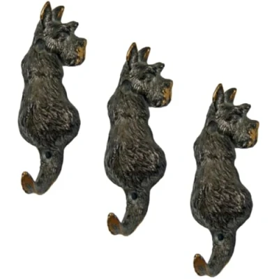 Image of Fyne Finds Set of 3 Cast Iron Rustic Vintage Scottie Dog Tail Statue Hook Leads Coat Keys Wall Hanger Gift