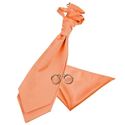 Image of DQT Men Plain Satin Wedding Scrunchie Pre Tied Cravat, Pocket Square &amp; Cufflinks Coral