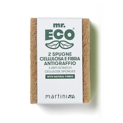 Image of martini SPA Mr Eco Double Action Sponge, Cellulose and Anti Scratch Fiber, Green Brown Color, 10x7x2 cm, 32g, 2 Units Made in Italy