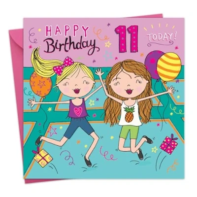 Image of Twizler 11th Birthday Card for Girls Trampoline Party Age 11 Happy Girl Daughter Year Old Childrens Granddaughter Eleven Tween