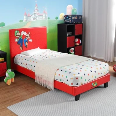 Image of X Rocker Official Nintendo Super Mario Gaming Bed for Kids, 3ft Single Bedstead Frame, Wooden Slats, PU Faux Leather Upholstered Headboard, &amp; Luigi, Kids Bedroom Gamers 90x190cm BLUE