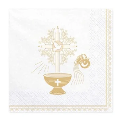 Image of PDL Napkins First Communion Confirmation Christening White Gold Dove Chalice Pack of 20 Table Decoration