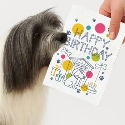 Image of Scoff Paper Edible Happy Birthday Dog Card The Your Can Eat! BOW WOW, Single A5, Chicken Flavoured Card. Ideal Treat, Snack, Gift Or For Pet