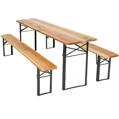 Image of Cruise Tech West Wood Outdoor Wooden Vintage Folding Beer Table Bench Set Trestle Party Picnic Pub Garden Furniture Steel Leg