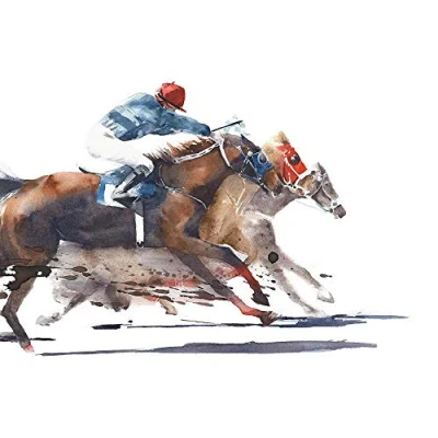 Image of Wee Blue Coo Racing Horses With Jockey Art Print Poster Wall Decor 12X16 Inch