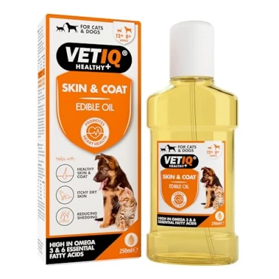 Image of VETIQ Skin &amp; Coat Edible Oil For Cats Dogs, Grooming Supplement Helps With Healthy Coat, Itchy Dry and Reduces Shedding, 250 ml
