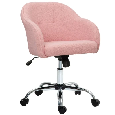 Image of HOMCOM Office Chair, Teddy Fleece Swivel Computer Desk Makeup Vanity Seat with Adjustable Height for Home Study Bedroom, Pink