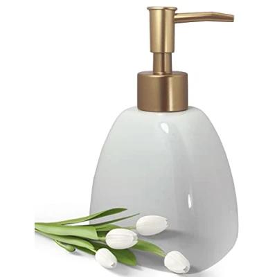 Image of Liquid Soap Dispenser for Bathroom with Gold Pump，Dish Kitchen，Refillable Countertop Lotion Ceramics White Hand Shower 430ml (Pyramid Bottle)