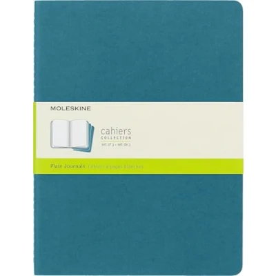Image of Moleskine Cahier Journal, Set 3 Notebooks with Plain Pages, Cardboard Cover Visible Cotton Stiching, Colour Brisk Blue, Extra Large 19 x 25 cm, 120 Pages
