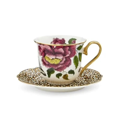 Image of Spode Creatures of Curiosity Tea Cup and Saucer Fluted White Leopard, CRCWL8818 XG