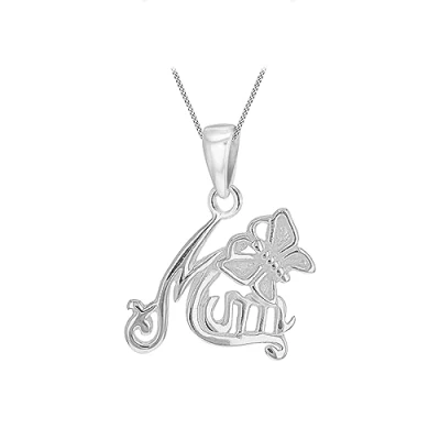 Image of Tuscany Silver Women&#039;s Sterling Silver&quot;MUM&quot; Butterfly Pendant on Curb Chain of 46cm/18&quot;