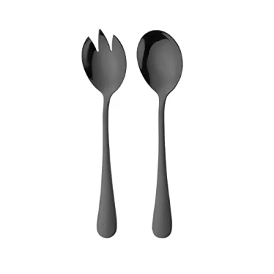 Image of ARFUKA Salad Servers Stainless Steel Spoon Fork Serving Set Mixing Dinner and Long Handle Server Kitchen Cooking Utensil Cutlery Black
