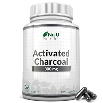 Image of Activated Charcoal 300mg 365 Vegan Capsules (not Tablets) 1 Year Supply High Strength Supplement Made in The UK Nu U Nutrition
