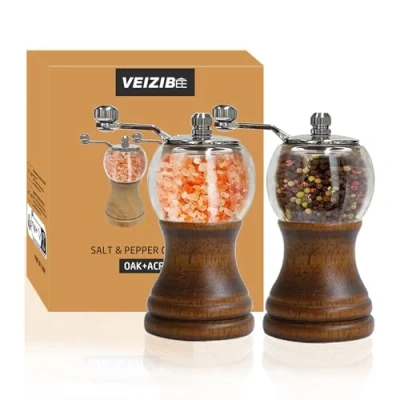 Image of Salt and Pepper Mill Sets, Manual Grinder Mill, &amp; Sets Wood Large, Spice Adjustable Ceramic Grinder, for Salt, Pepper, Spices (Antique 2pcs 5in)