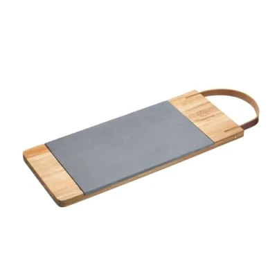 Image of Artesà Rectangular Serving Platter, Wooden Tray with Leather Strap and Removable Slate Board, Ideal Cheese Board or For Dinner Party Nibbles, 47 x 16 cm (18.5 Inch 6½ Inch) Metallic/Brown