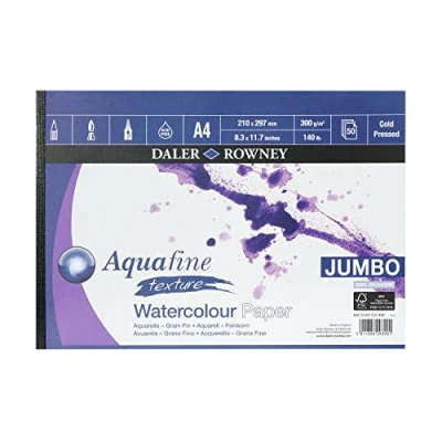 Image of Daler Rowney Aquafine Textured Cold Pressed Watercolour &amp; Gouache 300gsm A4 Paper Pad, Natural White, Glued 1 Side, 50 Sheets, Ideal for Professional Beginner Artists Students, Acid Free