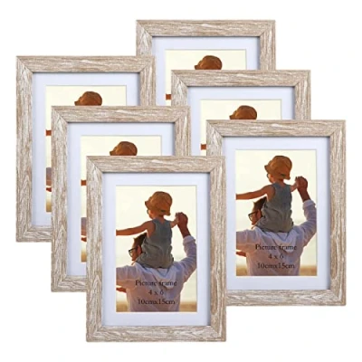 Image of EXYGLO Rustic 6x4 Photo Frames with Mount set of 6, Display Pictures or 7x5 without Mount, Nature Frame for Wall &amp; Tabletop Decoration