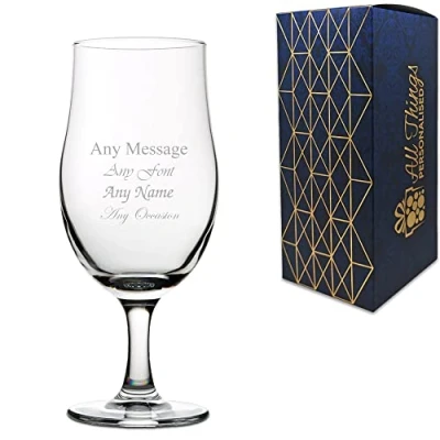 Image of Personalised Engraved 13oz Stemmed Cider Beer Glass, Personalise with Any Message for Occasion, Stylize a Variety of Fonts, Gift Box Included, Laser