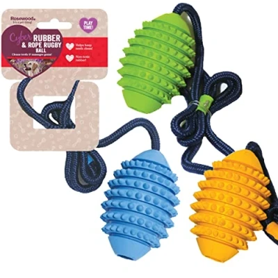 Image of Rosewood Rubber, Tough Chew Resistant, Rugby Ball with Rope, Assorted Colours , Pack of 1