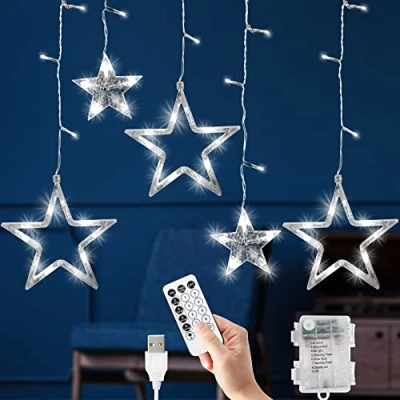 Image of GloBrite Christmas Curtain Lights, 12 Star &amp; 138 LED Lights Light, 8 Modes Window Fairy USB Battery for Indoor Decorations