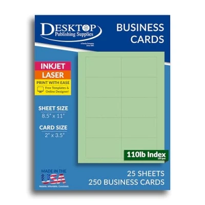Image of Colored Business Cards 25 Sheets / 250 Inkjet &amp; Laser 10 per Sheet (Plain Green)