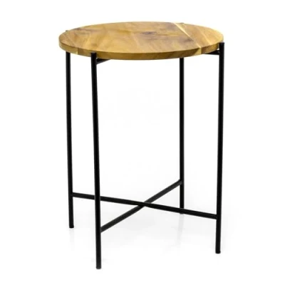 Image of Carousel Home Round Acacia Wood Side Table Black Metal Bedside Wooden Pedestal End For Living Room 40x48cm