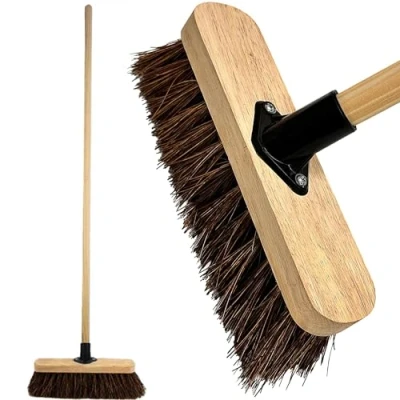 Image of 10 Outdoor Garden Broom with Wooden Handle Natural Stiff Bassine Hard Bristle Durable Support Bracket Yard Brush Heavy Duty Cleaning Sweeping (PACK OF 1)