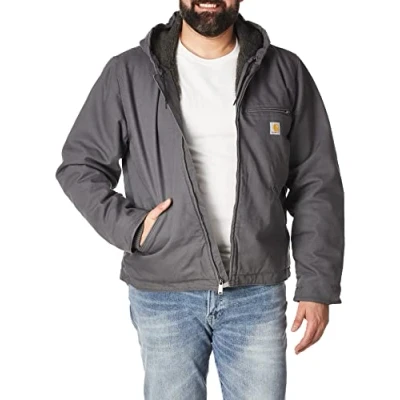 Image of Carhartt Men&#039;s Relaxed Fit Washed Duck Sherpa Lined Jacket Work Utility Outerwear, Gravel, L