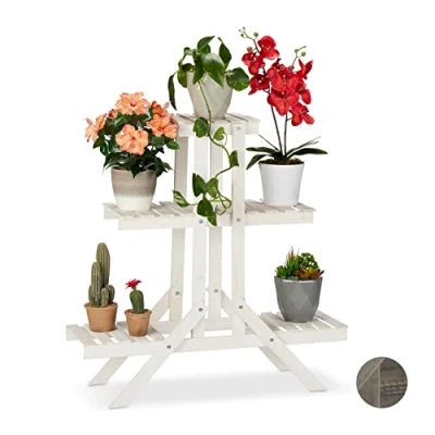 Image of Relaxdays Wooden Flower Shelf, 3 Tier Rack, Plant Stand, HWD: 83 x 25 cm, White
