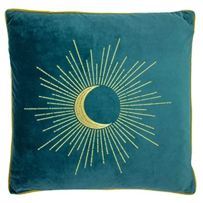 Image of furn. Astrid Embroidered Piped Velvet Feather Filled Cushion Teal One Size