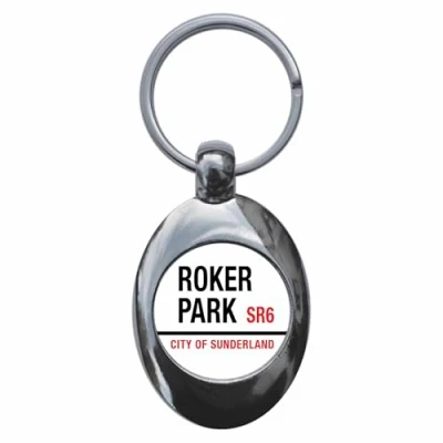Image of Ozorath Roker Park SR6 City of Sunderland Road Sign Keyring Keychain Key Ring Chain With Trolley Coin